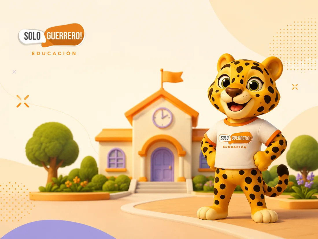 Mascota de Solo Guerrero Educación frente a una escuela